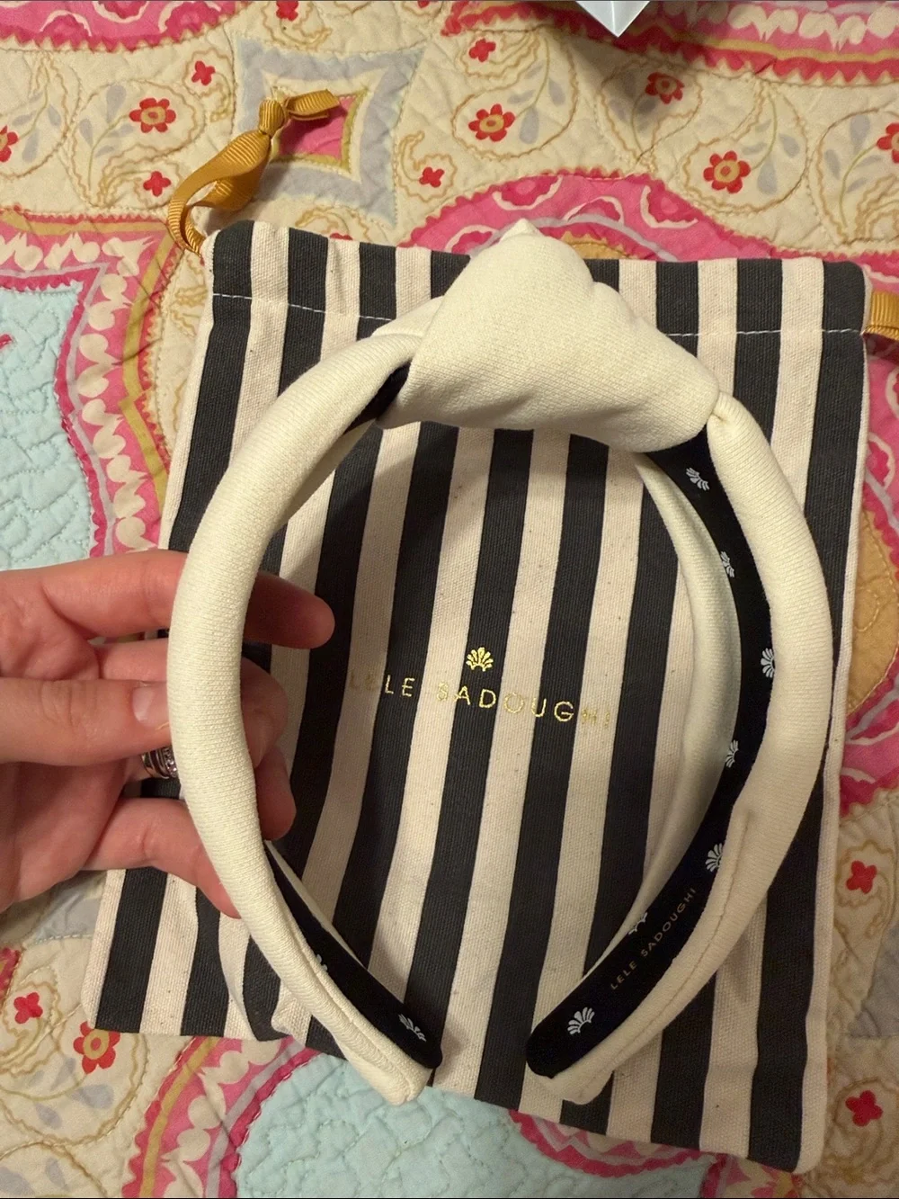Lele Sadoughi Ivory Knotted Headband with Black Lining
